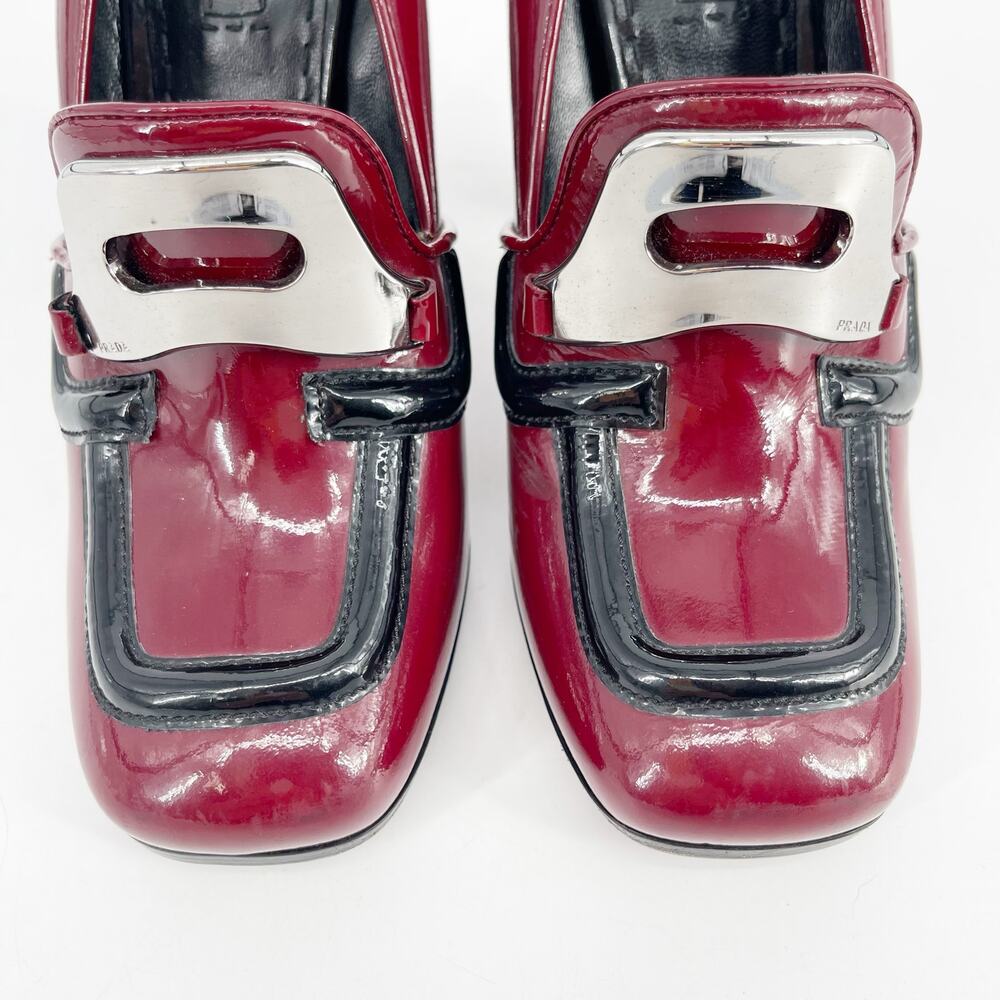 Prada Fall 2010 Burgundy Patent Leather Loafer Square Toe Block Heels IT 39.5 - Picture 7 of 16